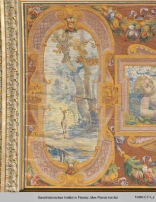 Deckendekoration des Salone Verde : Geflügelter Putto mit einer Schlange sowie Hirsche auf einer Lichtung