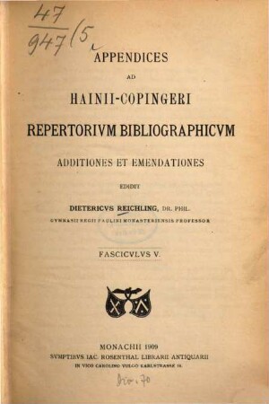 Appendices ad Hainii-Copingeri repertorium bibliographicum : Additiones et emendationes, 5