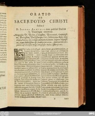 Oratio De Sacerdotio Christi habita à D. Iacobo Arminio cum publicè Doctor S. Theologiae crearetur.