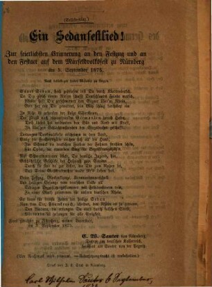 Ein Sedanfestlied : zur feierlichsten Erinnerung an den Festzug und an den Festact auf dem Maxfeldvolksfest zu Nürnberg am 5. September 1875