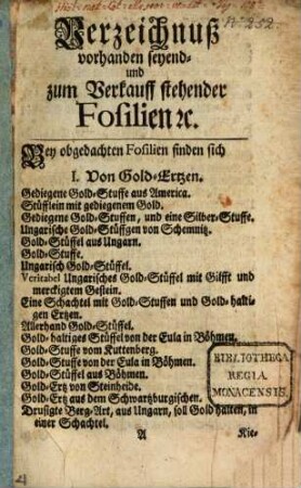Verzeichnuß vorhanden seyend- und zum Verkauff stehender Fosilien [et]c.