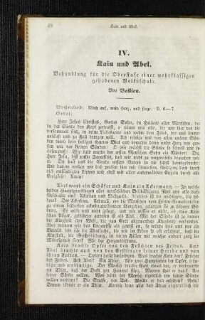 Kain und Abel : Behandlung für die Oberstufe einer mehrklassigen gehobenen Volksschule