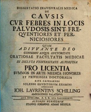 Dissertatio Inavgvralis Medica De Cavsis Cvr Febres In Locis Palvdosis Sint Freqventiores Et Perniciosiores