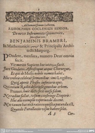 Ad humaniss Lectorem, RUDOLPHUS GOCLENIUS SENIOR.