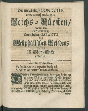 Die untadeliche Conduite derer correspondirenden Reichs-Fürsten, ...