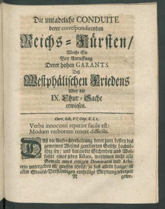 Die untadeliche Conduite derer correspondirenden Reichs-Fürsten, ...