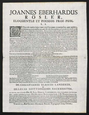 Joannes Eberhardus Rösler, Eloquentiae Et Poeseos. Prof. Publ. L. S.