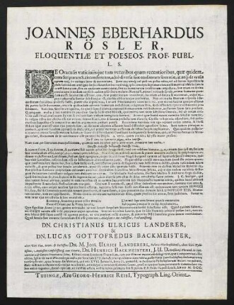 Joannes Eberhardus Rösler, Eloquentiae Et Poeseos. Prof. Publ. L. S.