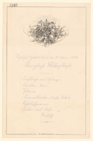 Menükarte : Königliche Mittagstafel, Jagdschloß Hubertusstock