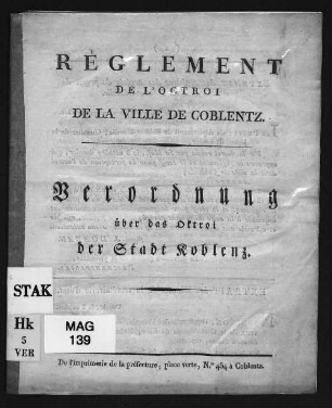 Règlement de l'octroi de la ville de Coblentz