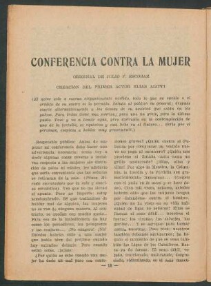 Conferencia contra la mujer : Original de Julio F. Escobar. - Creación del primer actor Elías Alippi