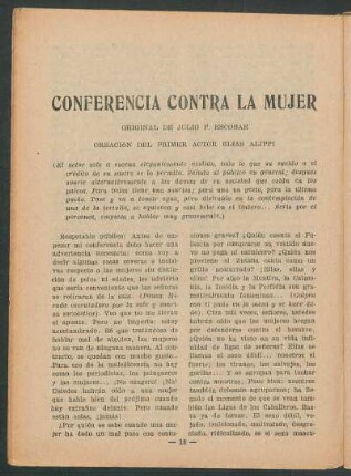 Conferencia contra la mujer : Original de Julio F. Escobar. - Creación del primer actor Elías Alippi