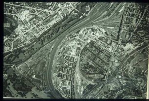 Luftaufnahme vom Bahnbetriebswerk (Bw) am Rosenstein (mit Pragfriedhof)