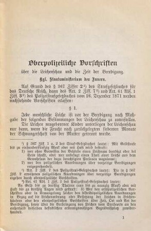 Oberpolizeiliche Vorschriften vom 20. November 1885 über die Leichenschau und die Zeit der Beerdigung mit in das Leichenwesen einschlägigen Verordnungen und gesetzlichen Bestimmungen