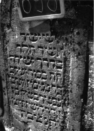 Grabstein 698 (Index: 100104852) Material: Sandstein Zustand: teilweise stark verwittert, abgeblättert, teilweiser Textverlust Maße HxBxT: 132x60x10 cm Beschreibung: Stele, eingezogener Rundbogenabschluss, Schriftfeld eingetieft: Grabstein 698 (Detailaufnahme)