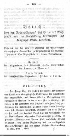 Bericht über den Gesetzentwurf zum Verbot des Nachdrucks und der Nachbildung literarischer und künstlerischer Werke