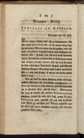 Neunter Brief. Lovelace an Belford. - Eilfter Brief. Fräulein Howe an Clarissa Harlowe.