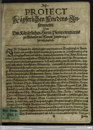 Proiect Käyserlichen Friedens-Instrumenti Von Den Käyserlichen Herrn Plenipotentiariis zu Münster im Monat Junio 1647. herauß gegeben