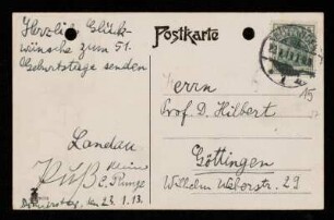 Nr. 15 Postkarte von Edmund Landau an David Hilbert. Göttingen, 23.1.1913