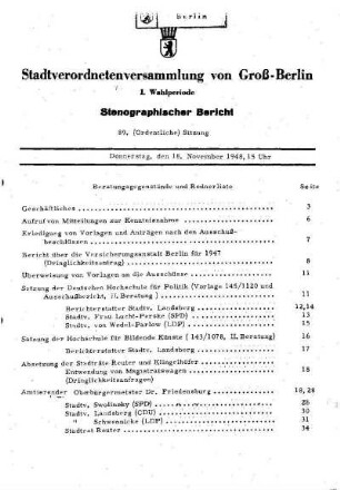 Nr. 89, 18. November 1948, Ordentliche Sitzung