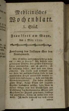 X. Stück. Frankfurt am Mayn, den 5 März 1785. - XIII. Stück. Frankfurt am Mayn, den 26 März 1785.