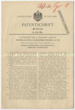 Patentschrift einer Vorrichtung zum Graben und gleichzeitigen Fortschaffen von Torf, Patent-Nr. 157121