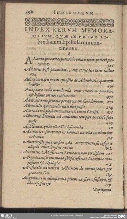 Index Rerum Memorabilium, Quae In Primo Libro harum Epistolarum continentur