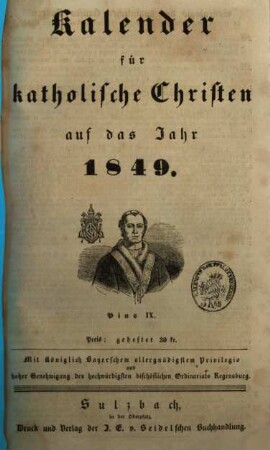 Kalender für katholische Christen : auf d. Jahr ... 1849