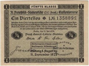 6 Reichsmark / 30 Reichsmark - ¼ Los, 5. Klasse