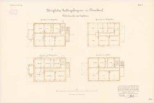 Zellengefängnis, Düsseldorf Wohnhaus für zwei Inspektoren: Grundriss KG, EG, 1. OG, DG, 1:100
