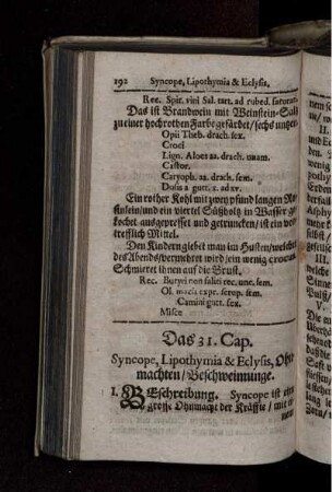 Das 31. Cap. Syncope, Lipothymia & Eclysis, Ohnmachten/ Beschweimmunge.