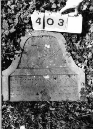Grabstein 403 (Index: 99792058) Material: Sandstein Zustand: verwittert mit Textverlust, unterer Teil der Stele fehlt, Stele liegend Maße HxBxT: 52x59x10 cm Beschreibung: Stele, glockenförmiger Abschluß, rechteckiges Schriftfeld eingetieft: Grabstein 403