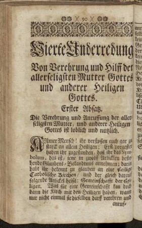 Vierte Underredung Von Verehrung und Hilff der allerseligsten Mutter Gottes und anderer Heiligen Gottes.