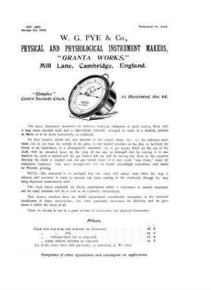 W. G. Pye & Co.: Physical and Physiological Instrument Makers, "Granta Works", Mill Lane, Cambridge, England