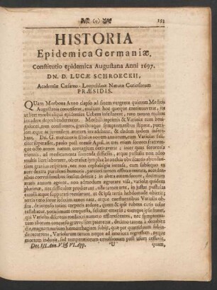 Historia Epidemica Germaniae. Constitutio epidemica Augustana Anni 1697. Dn. D. Lucae Schroeckii, ...