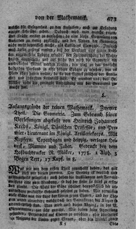 Anfangsgründe der reinen Mathematik. T.2. Die Geometrie.