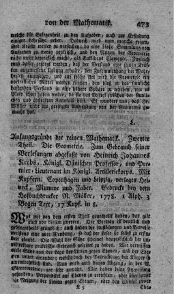 Anfangsgründe der reinen Mathematik. T.2. Die Geometrie.