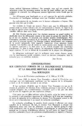 469-472, Considérations sur certaines formes de la délinquance juvénile et la maladie mentale à ses débuts, par Yves Roumajon