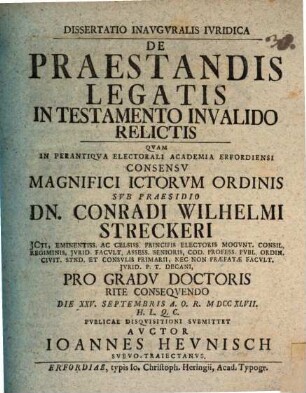 Dissertatio inavgvralis ivridica de praestandis legatis in testamento invalido relictis
