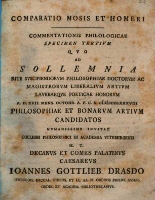 Comparatio Mosis et Homeri : Commentationis Philologicae Specimen Altervm. Specimen Tertivm