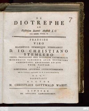 De Diotrephe Ad Epistolam Ioannis Apostoli I. C. III. comm. VIIII. X