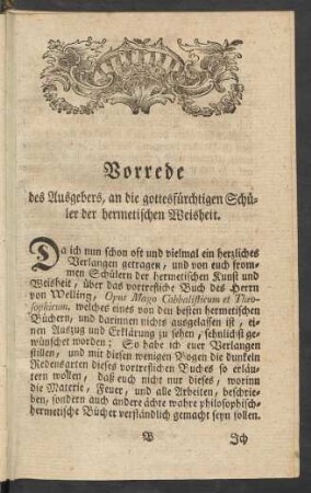 Vorrede des Ausgebers, an die gottesfürchtigen Schüler der hermetischen Weisheit