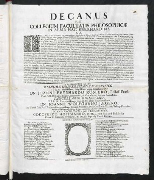 Decanus Et Collegium Facultatis Philosophicae In Alma Hac Eberhardina L. S.