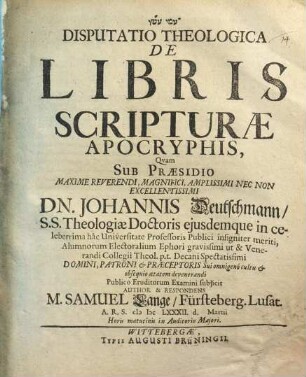 Disputatio Theologica De Libris Scripturae Apocryphis