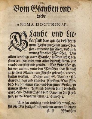 Anima Doctrinae. Das ist. Vom Glauben vnd Liebe in Christo Jhesu