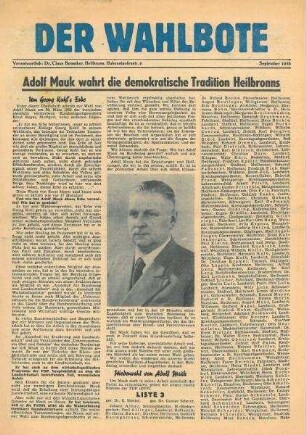 "Der Wahlbote" Werbeblatt für den DVP-Kandidaten Adolf Mauck zur Bundestagswahl