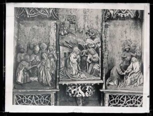 Herrgottskirche; nördlicher Seitenaltar, Schreinreliefs vor und nach der Restaurierung