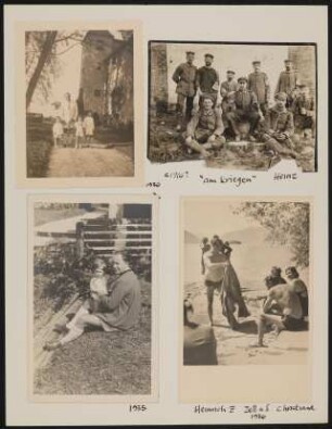 Pappe mit vier Fotografien von Heinrich Zimmer mit den Söhnen und 1916 "am Kriegen"