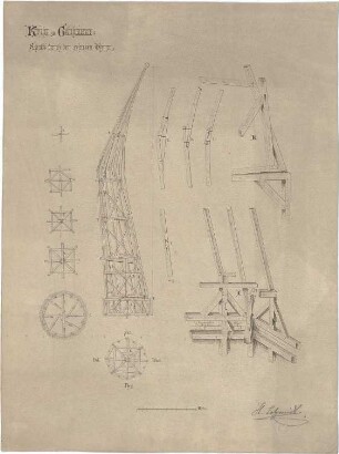 Schmidt, Heinrich von; Gelnhausen; Marienkirche, Restaurierung - Schiefer Turm (Grundrisse, Perspektiven, Schnitt, Details)