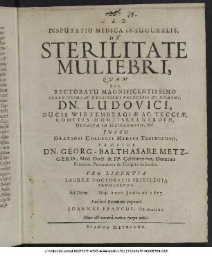 Disputatio Medica Inauguralis, De Sterilitate Muliebri